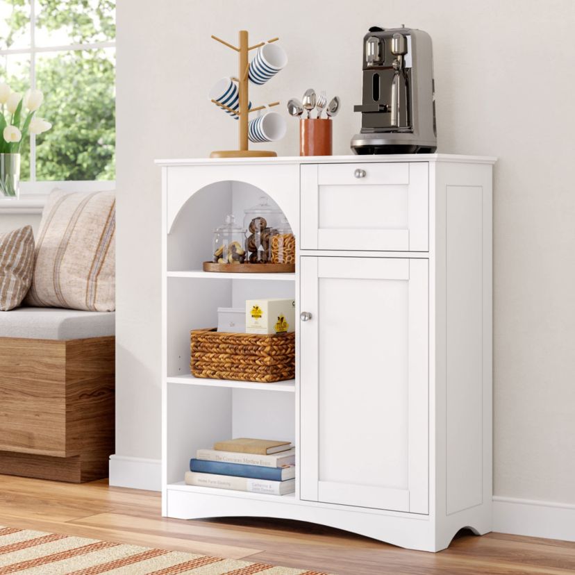 Kitchen Buffet Sideboard Coffee Bar Storage Cabinet with 1 Door, 1 Drawer, with Open and Adjustable Arched Pantry Shelves - White