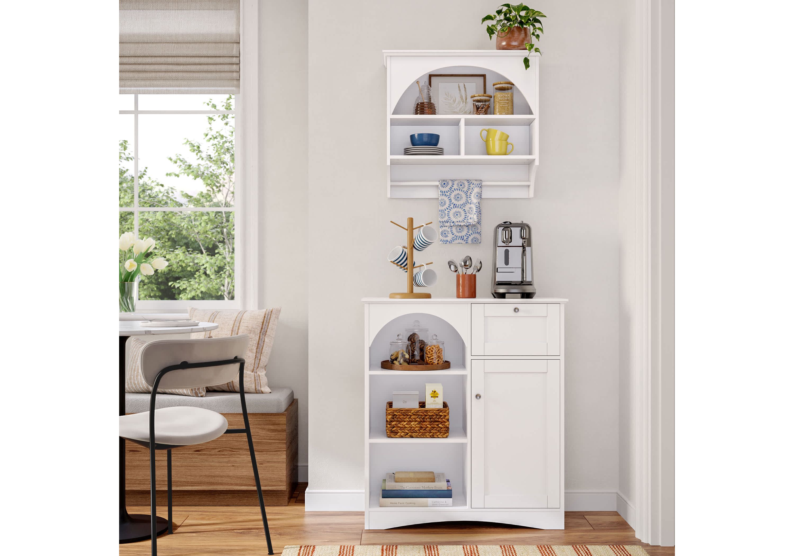 Kitchen Buffet Sideboard Coffee Bar Storage Cabinet with 1 Door, 1 Drawer, with Open and Adjustable Arched Pantry Shelves - White