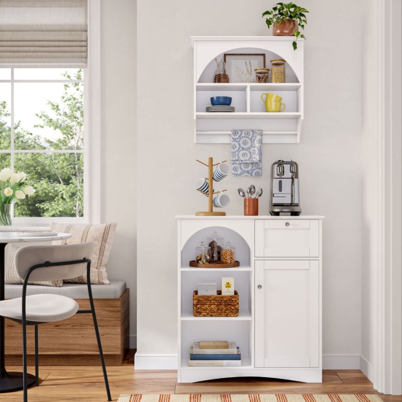 Kitchen Buffet Sideboard Coffee Bar Storage Cabinet with 1 Door, 1 Drawer, with Open and Adjustable Arched Pantry Shelves - White