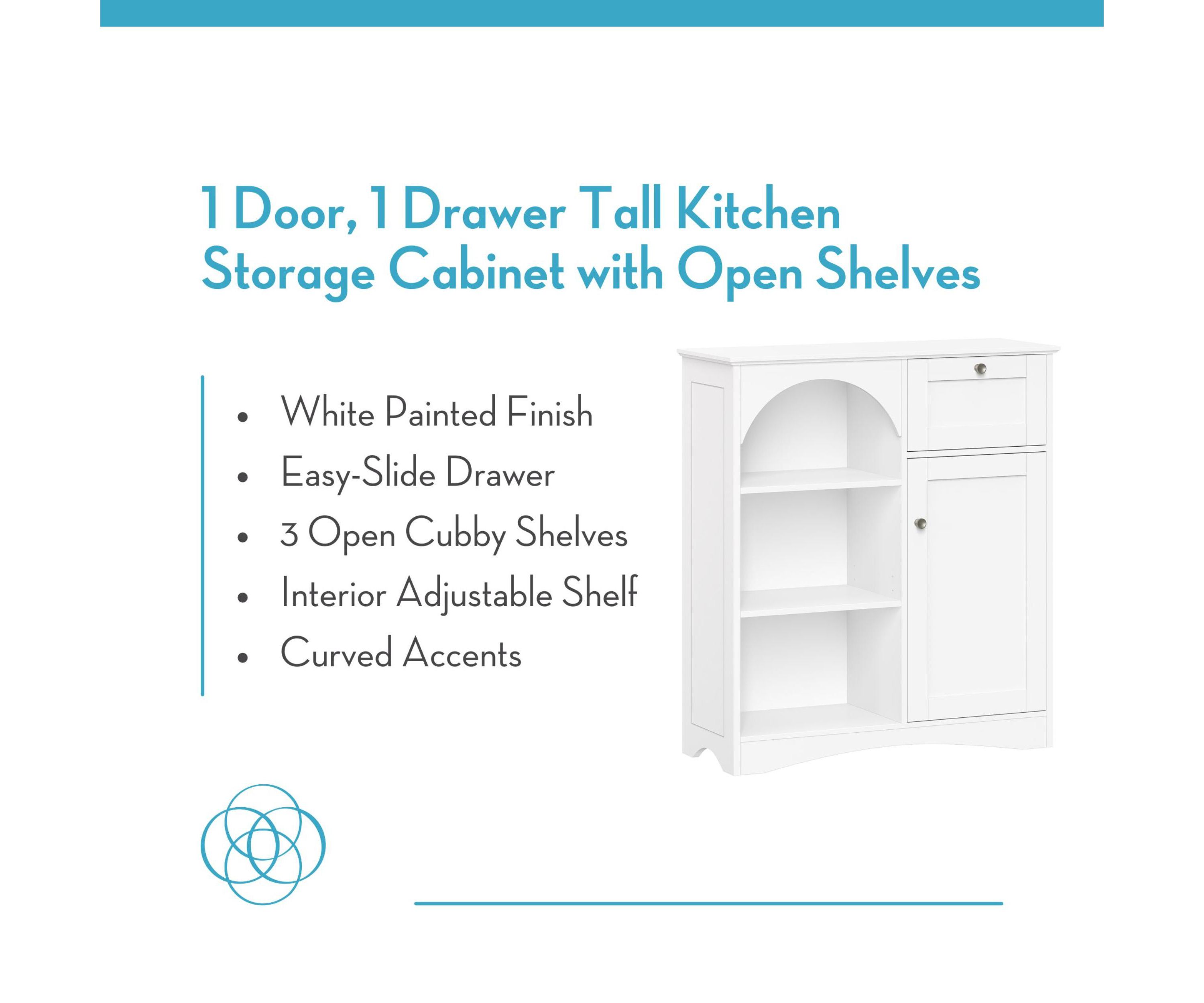 Kitchen Buffet Sideboard Coffee Bar Storage Cabinet with 1 Door, 1 Drawer, with Open and Adjustable Arched Pantry Shelves - White