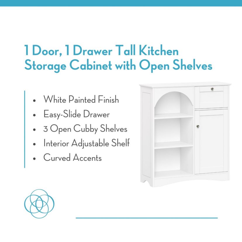 Kitchen Buffet Sideboard Coffee Bar Storage Cabinet with 1 Door, 1 Drawer, with Open and Adjustable Arched Pantry Shelves - White