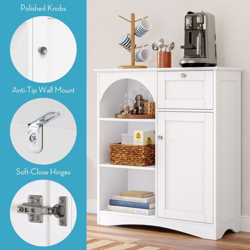 Kitchen Buffet Sideboard Coffee Bar Storage Cabinet with 1 Door, 1 Drawer, with Open and Adjustable Arched Pantry Shelves - White