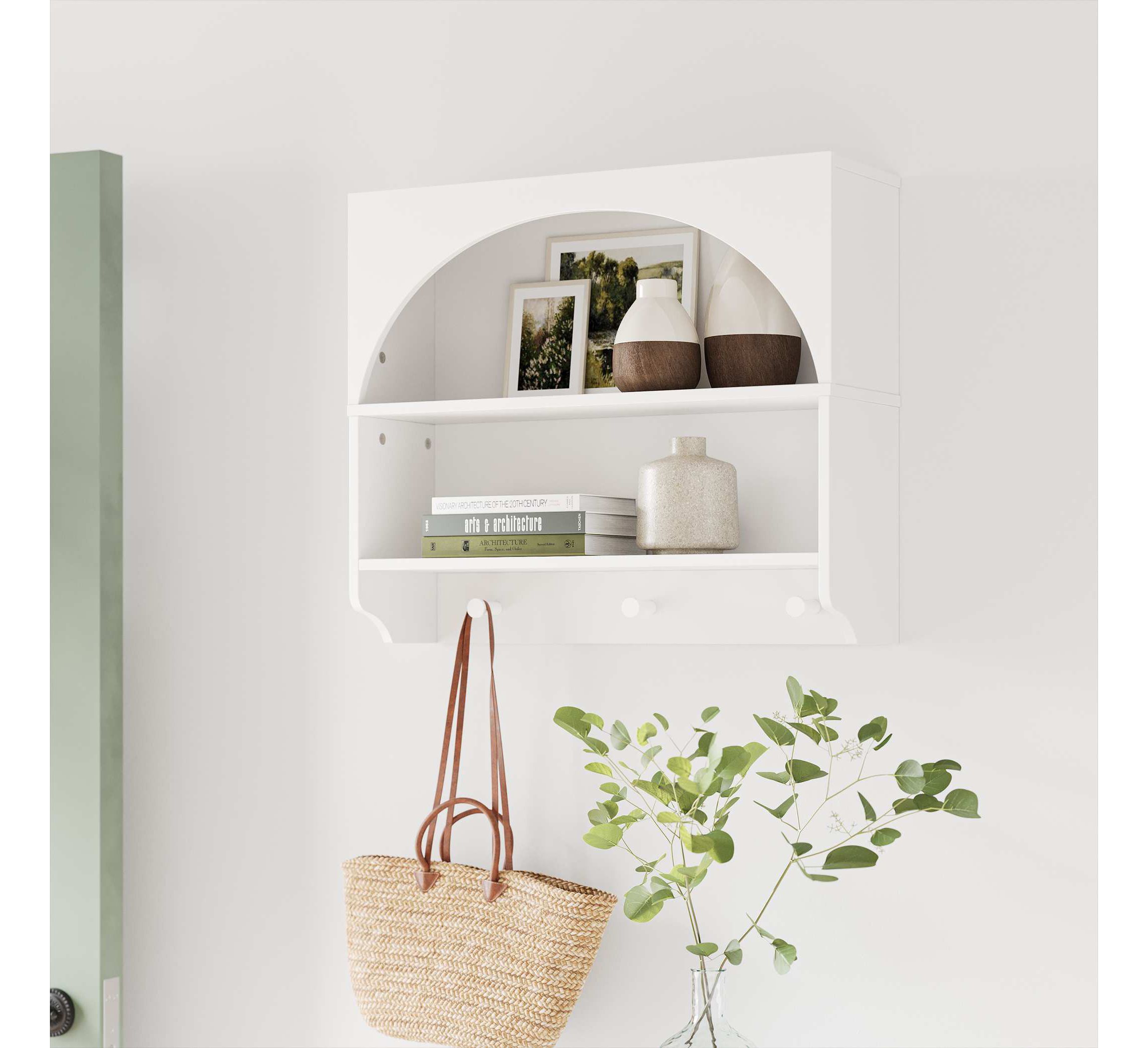 Arched Wall Mount Entryway Coat Rack with Hooks with Storage Shelves - White