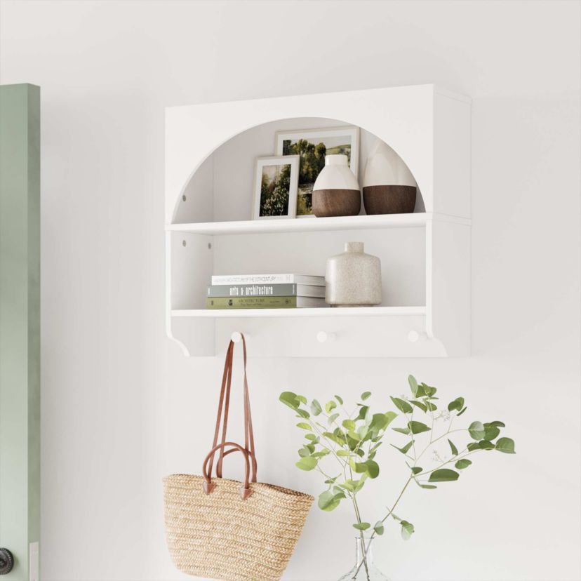 Arched Wall Mount Entryway Coat Rack with Hooks with Storage Shelves - White