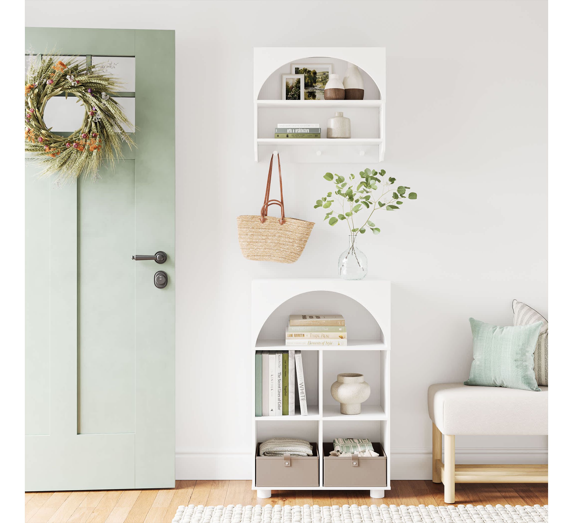 Arched Wall Mount Entryway Coat Rack with Hooks with Storage Shelves - White