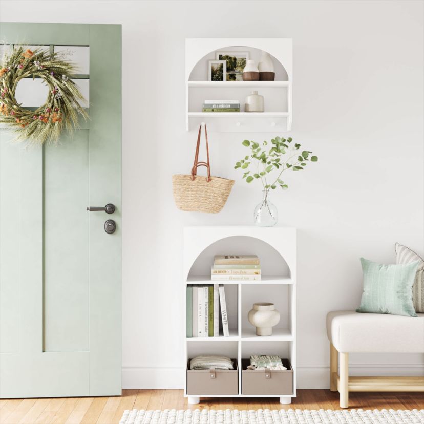 Arched Wall Mount Entryway Coat Rack with Hooks with Storage Shelves - White