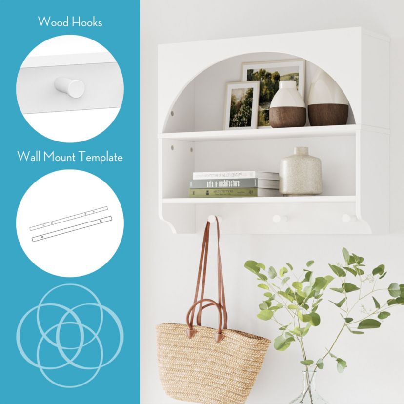 Arched Wall Mount Entryway Coat Rack with Hooks with Storage Shelves - White