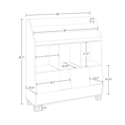 Kids Catch-All Multi-Cubby 35in Toy Organizer with Bookrack – White