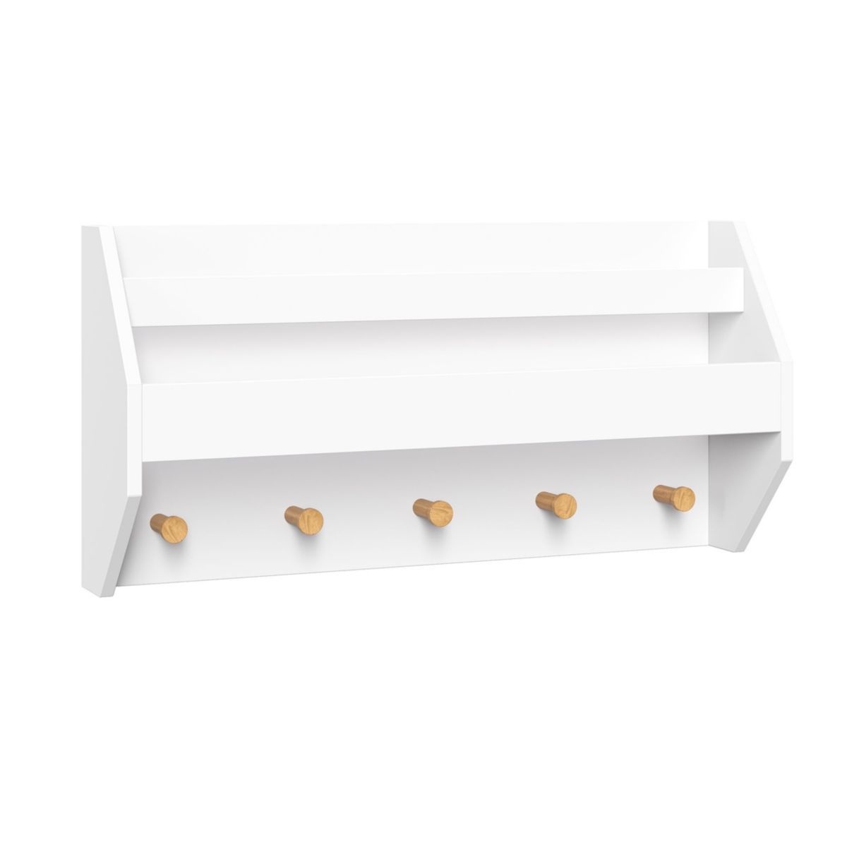 Kids Catch-All Wall Shelf with Bookrack and Hooks – White