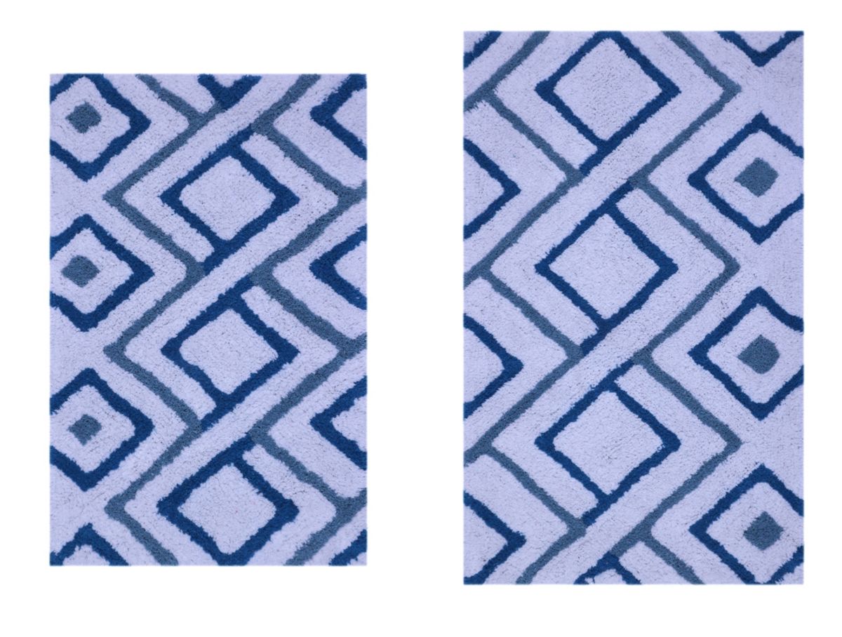 2 PC YARN DYED BATH RUG SET 17x24 & 21x34 ARGYLE OCEAN BLUE