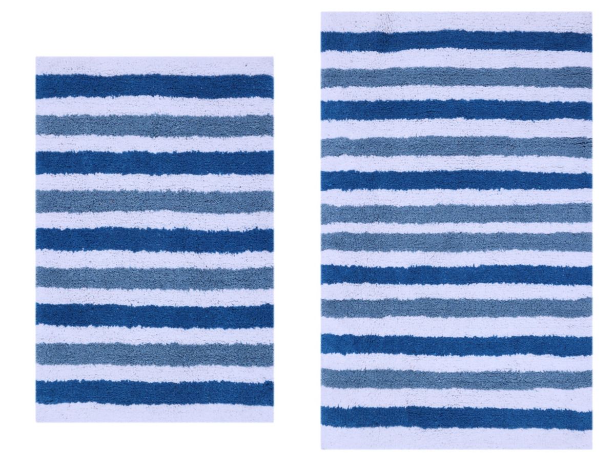 2 PC YARN DYED BATH RUG SET 17x24 & 21x34 BENGAL STRIPE OCEAN BLUE