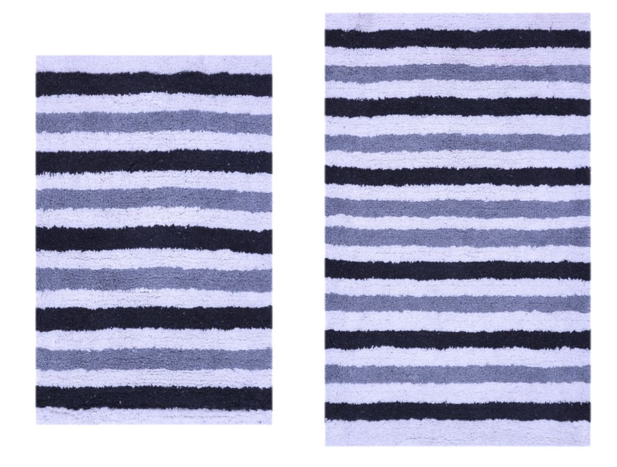 2 PC YARN DYED BATH RUG SET 17x24 & 21x34 BENGAL STRIPE GREY