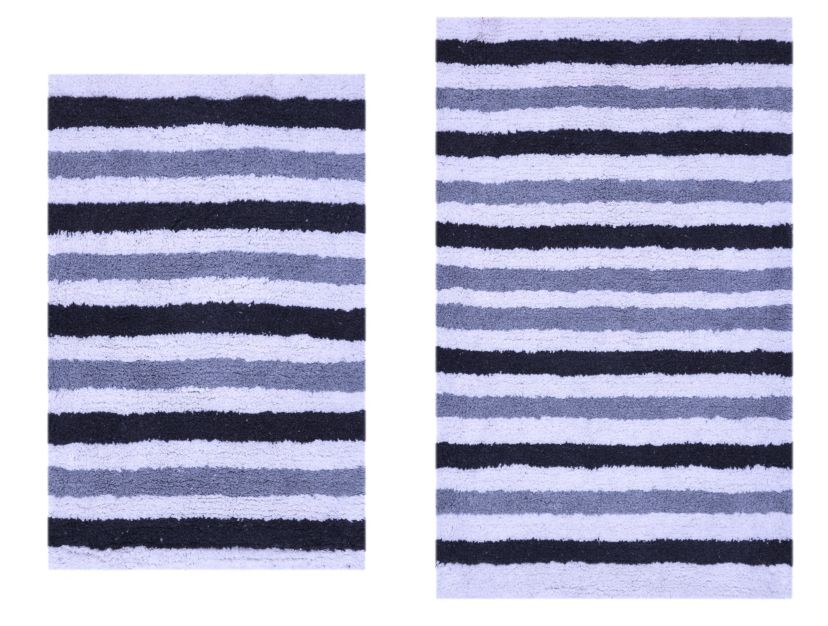 2 PC YARN DYED BATH RUG SET 17x24 & 21x34 BENGAL STRIPE GREY