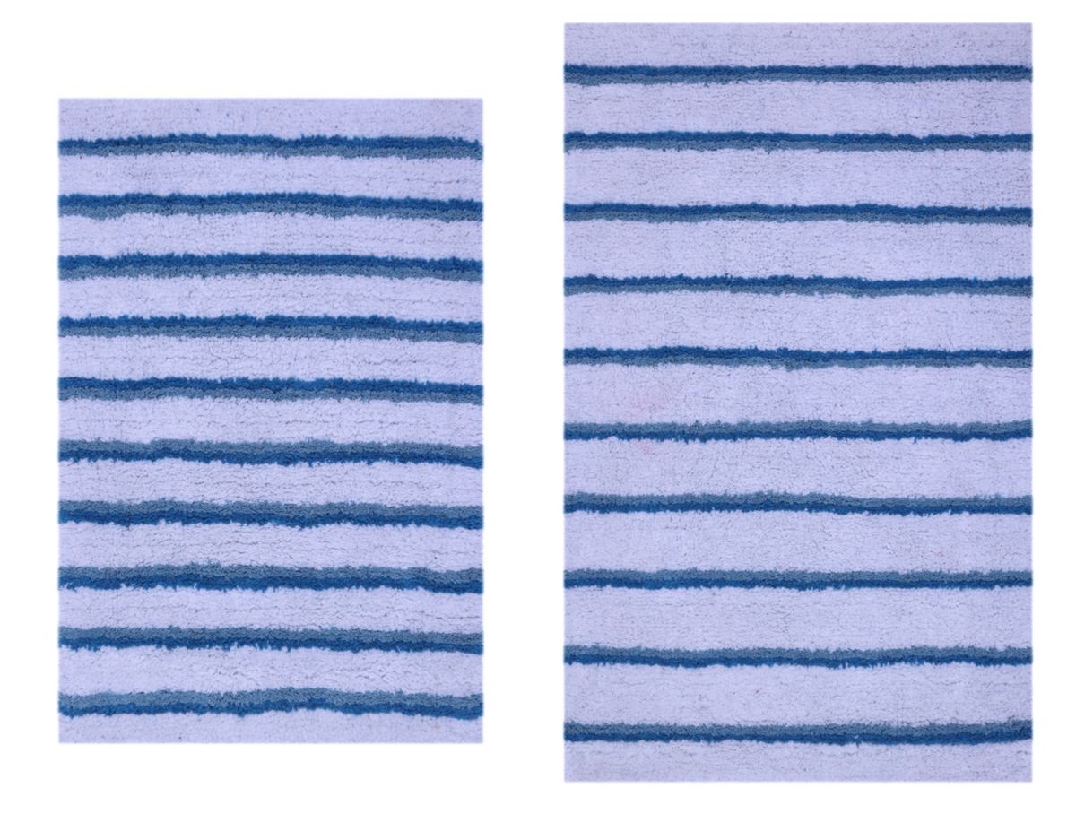 2 PC YARN DYED BATH RUG SET 17x24 & 21x34 CANDY STRIPE OCEAN BLUE