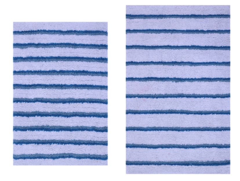 2 PC YARN DYED BATH RUG SET 17x24 & 21x34 CANDY STRIPE OCEAN BLUE