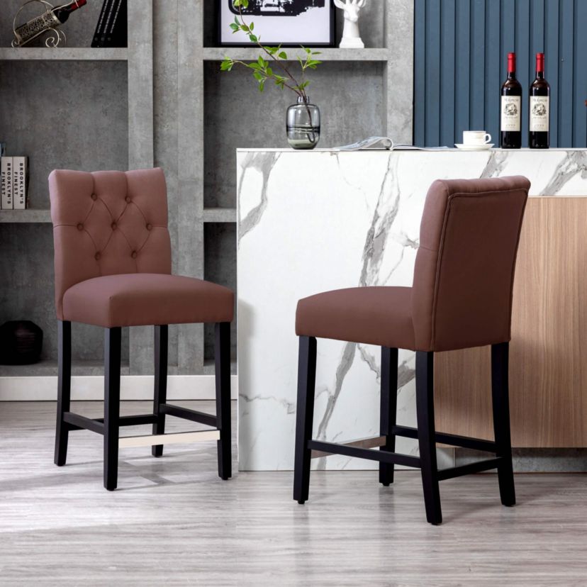 24" Linen Fabric Tufted Upholstered Bar Stool (Set of 2)