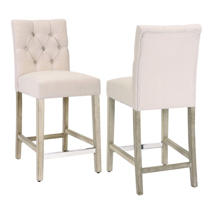 24" Linen Fabric Tufted Upholstered Bar Stool (Set of 2)