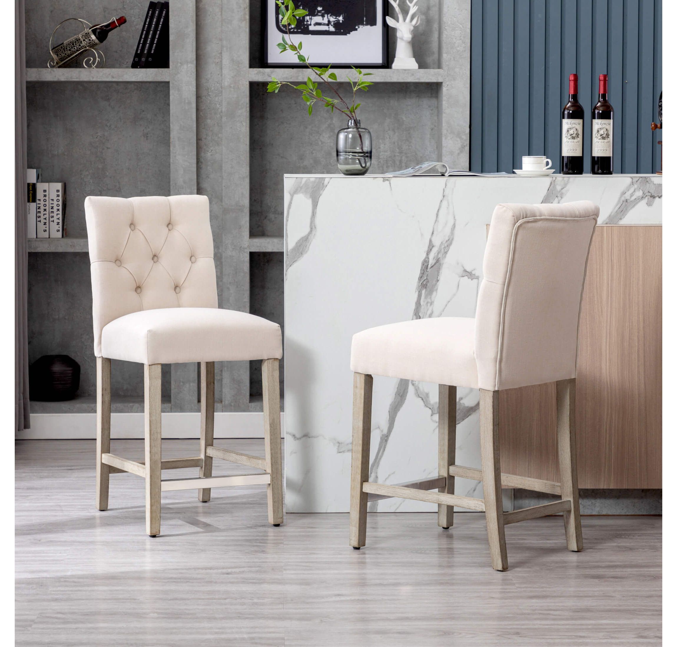 24" Linen Fabric Tufted Upholstered Bar Stool (Set of 2)
