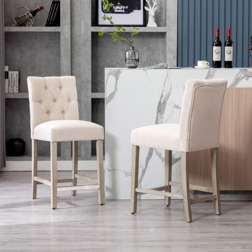 24" Linen Fabric Tufted Upholstered Bar Stool (Set of 2)