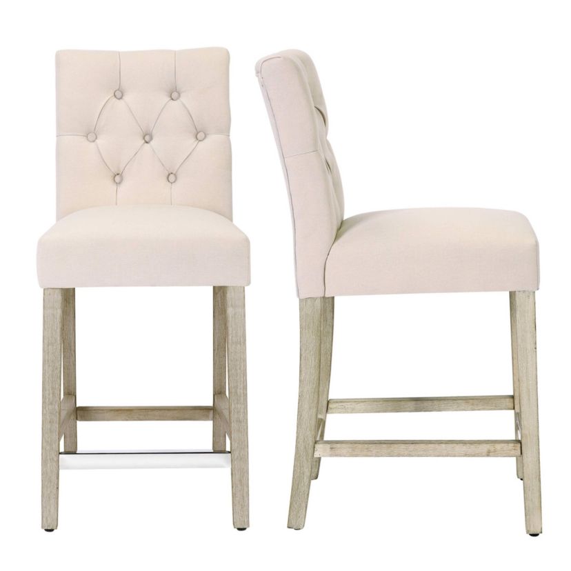 24" Linen Fabric Tufted Upholstered Bar Stool (Set of 2)
