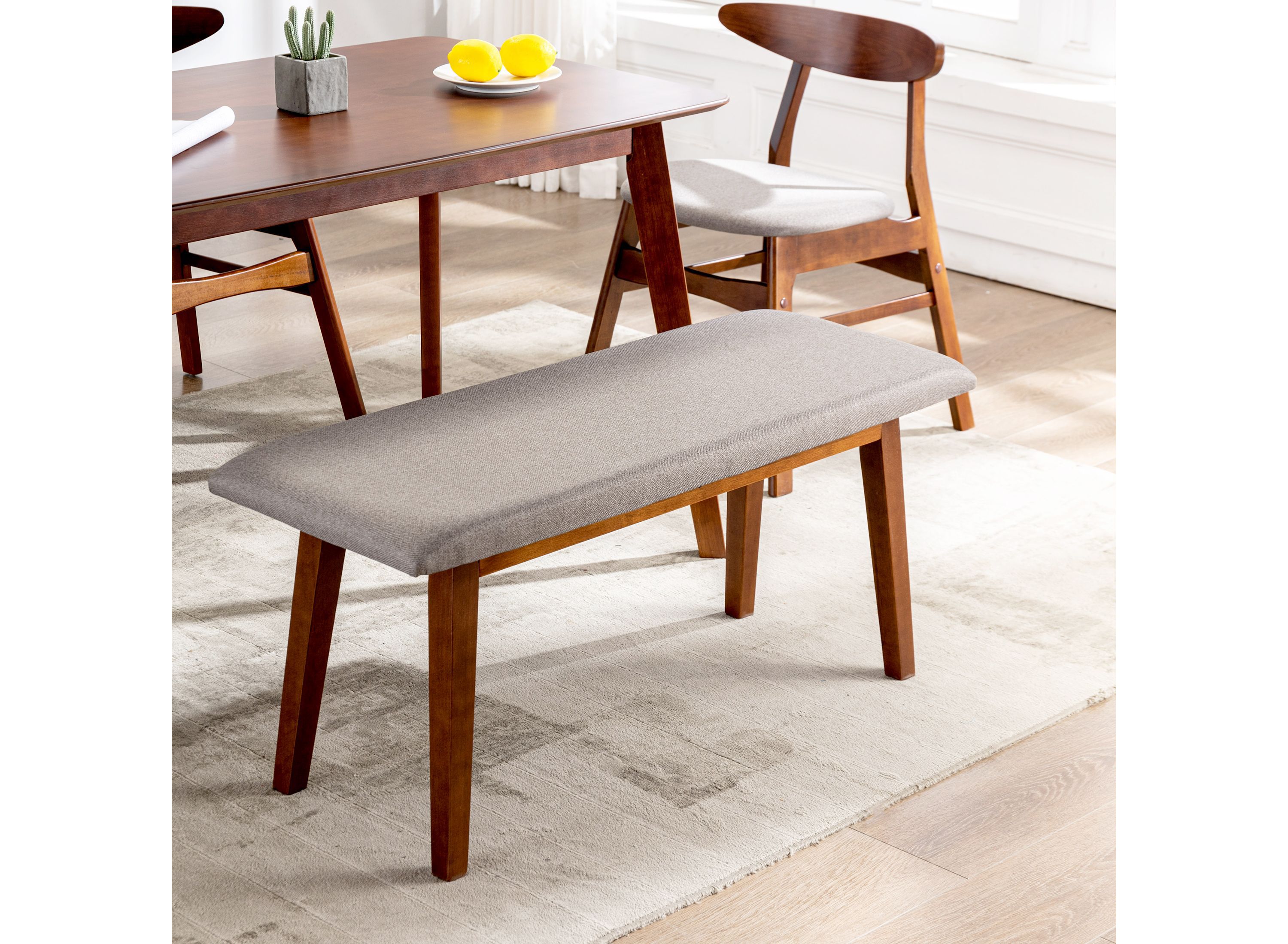 Solid Wood Mid-Century Upholstered Bench