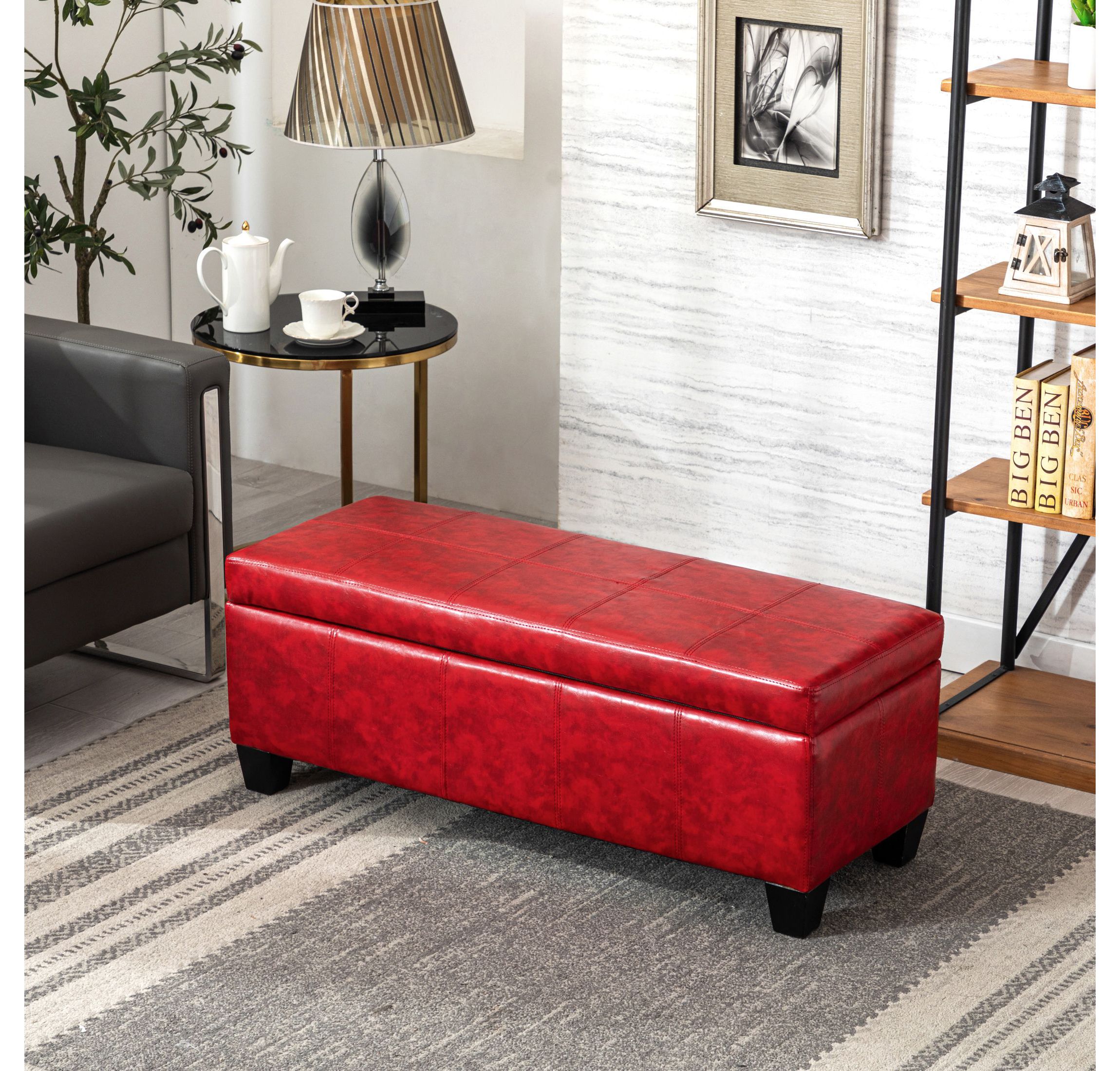 42" Wide Faux Leather Rectangle Ottoman With Storage