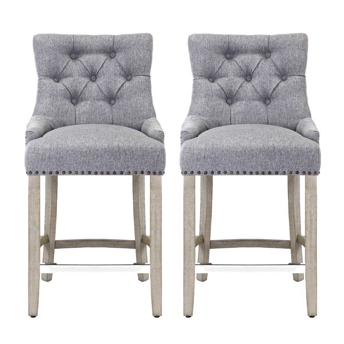24" Linen Fabric Tufted Upholstered Antique Gray Counter Stool (Set of 2)