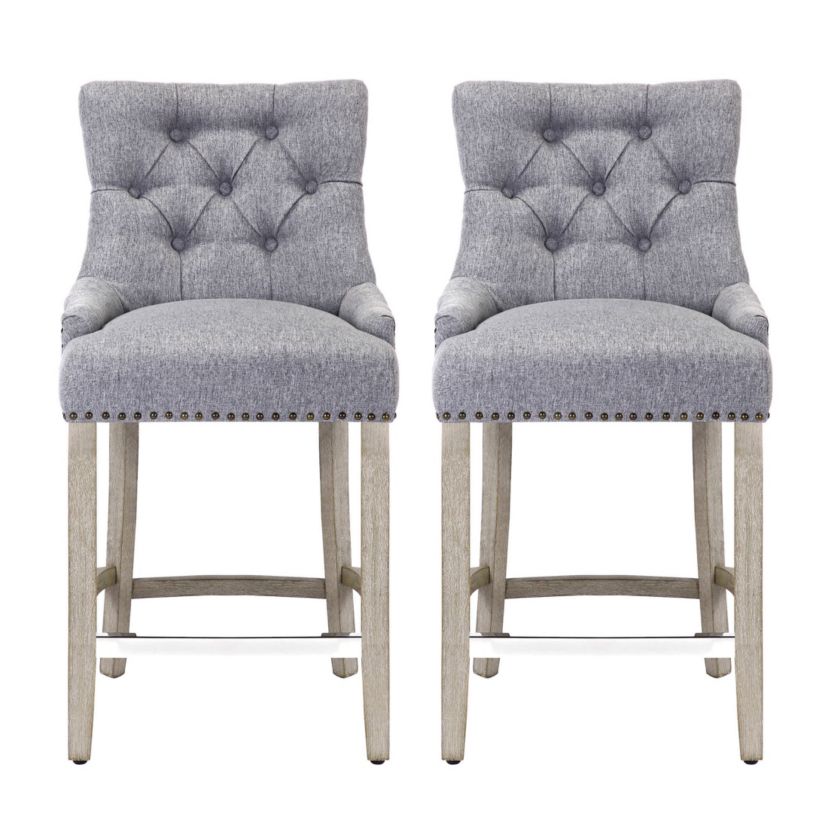 24" Linen Fabric Tufted Upholstered Antique Gray Counter Stool (Set of 2)