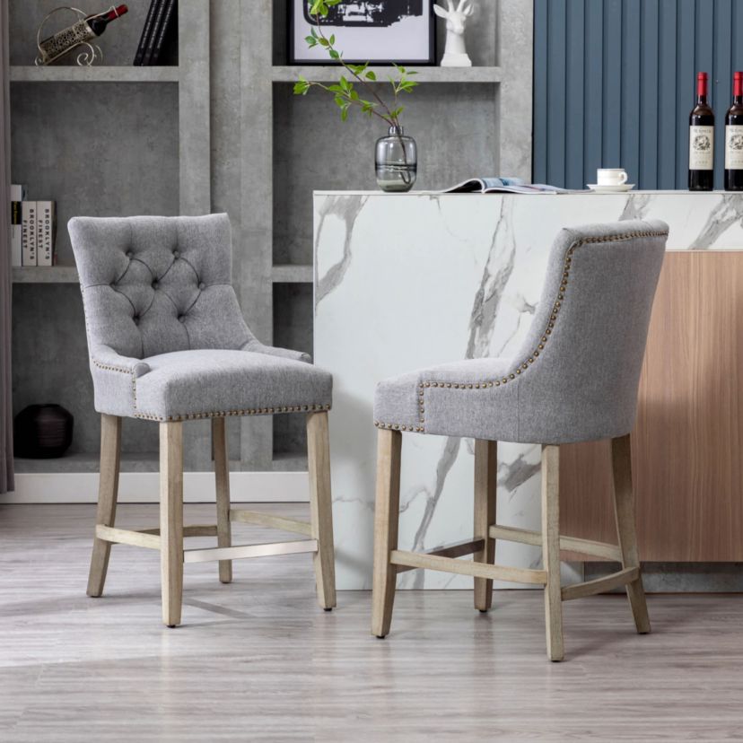 24" Linen Fabric Tufted Upholstered Antique Gray Counter Stool (Set of 2)