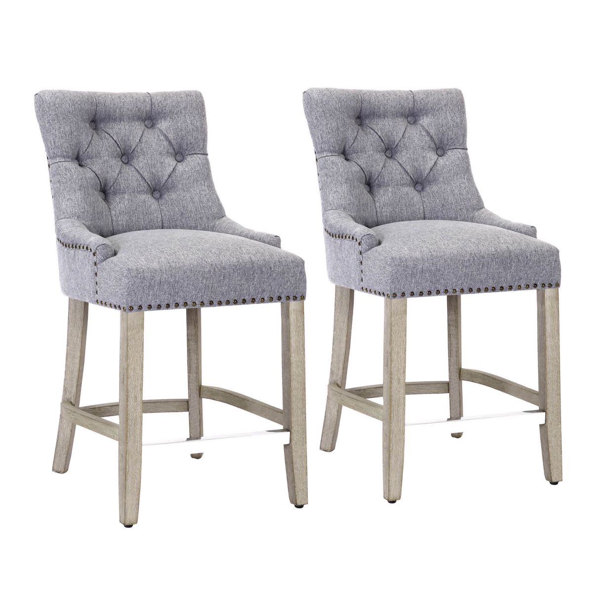 24" Linen Fabric Tufted Upholstered Antique Gray Counter Stool (Set of 2)