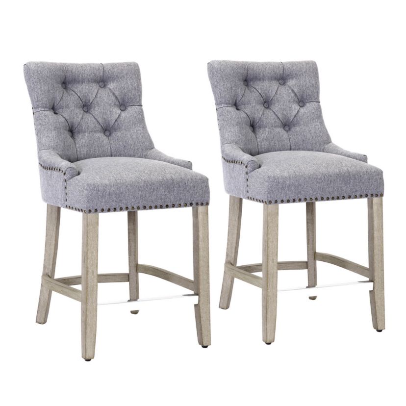 24" Linen Fabric Tufted Upholstered Antique Gray Counter Stool (Set of 2)