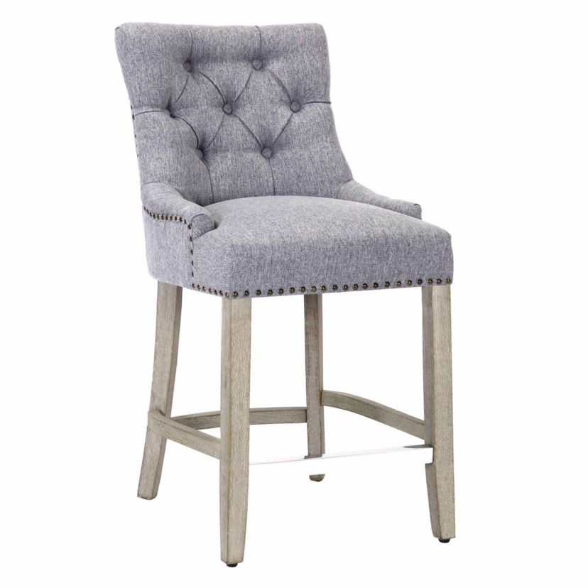 24" Linen Fabric Tufted Upholstered Antique Gray Counter Stool (Set of 2)