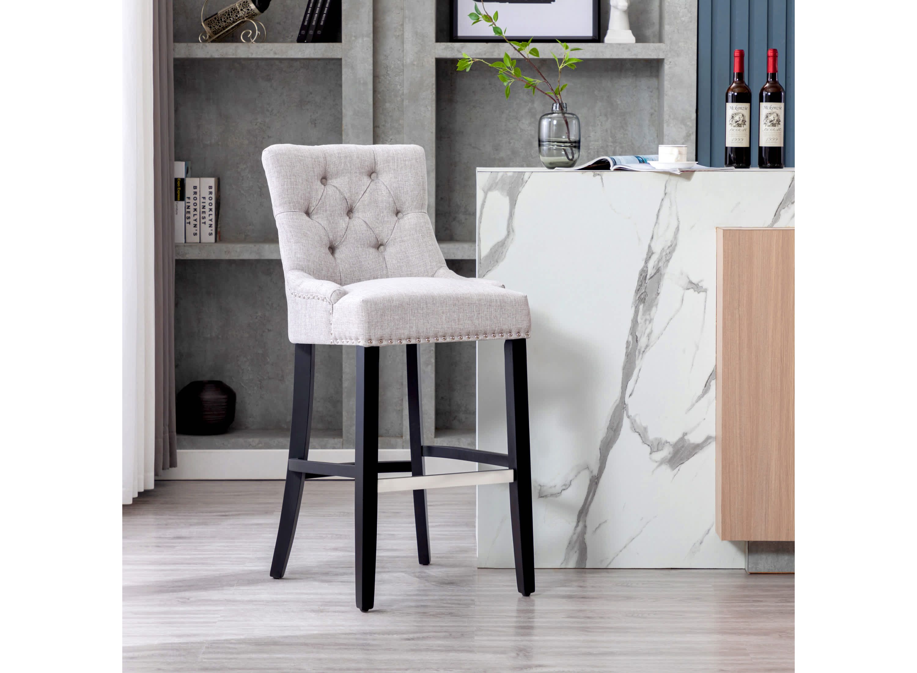 29" Linen Fabric Tufted Upholstered Black Bar Stool