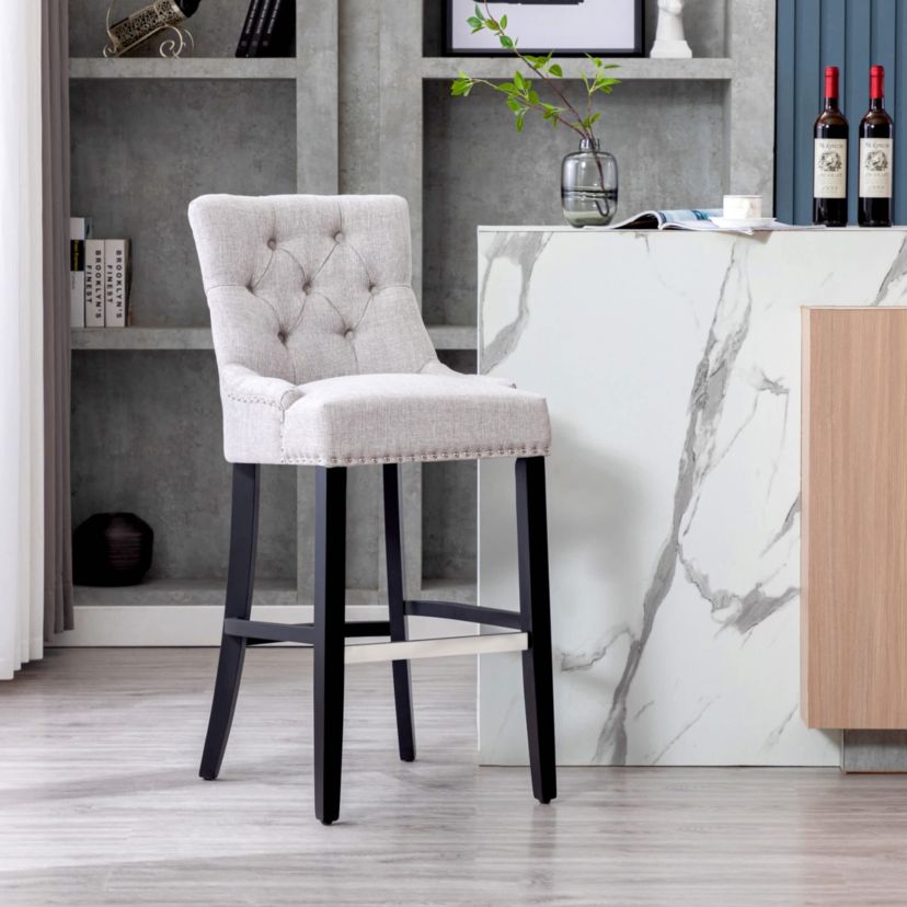29" Linen Fabric Tufted Upholstered Black Bar Stool