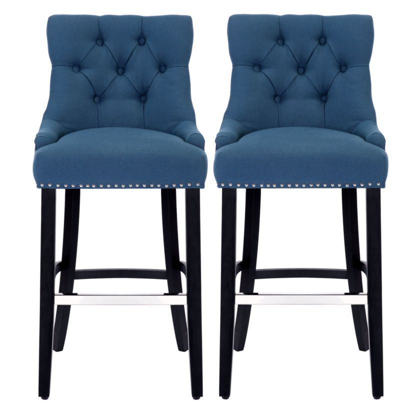 29" Linen Fabric Tufted Upholstered Black Bar Stool (Set of 2)