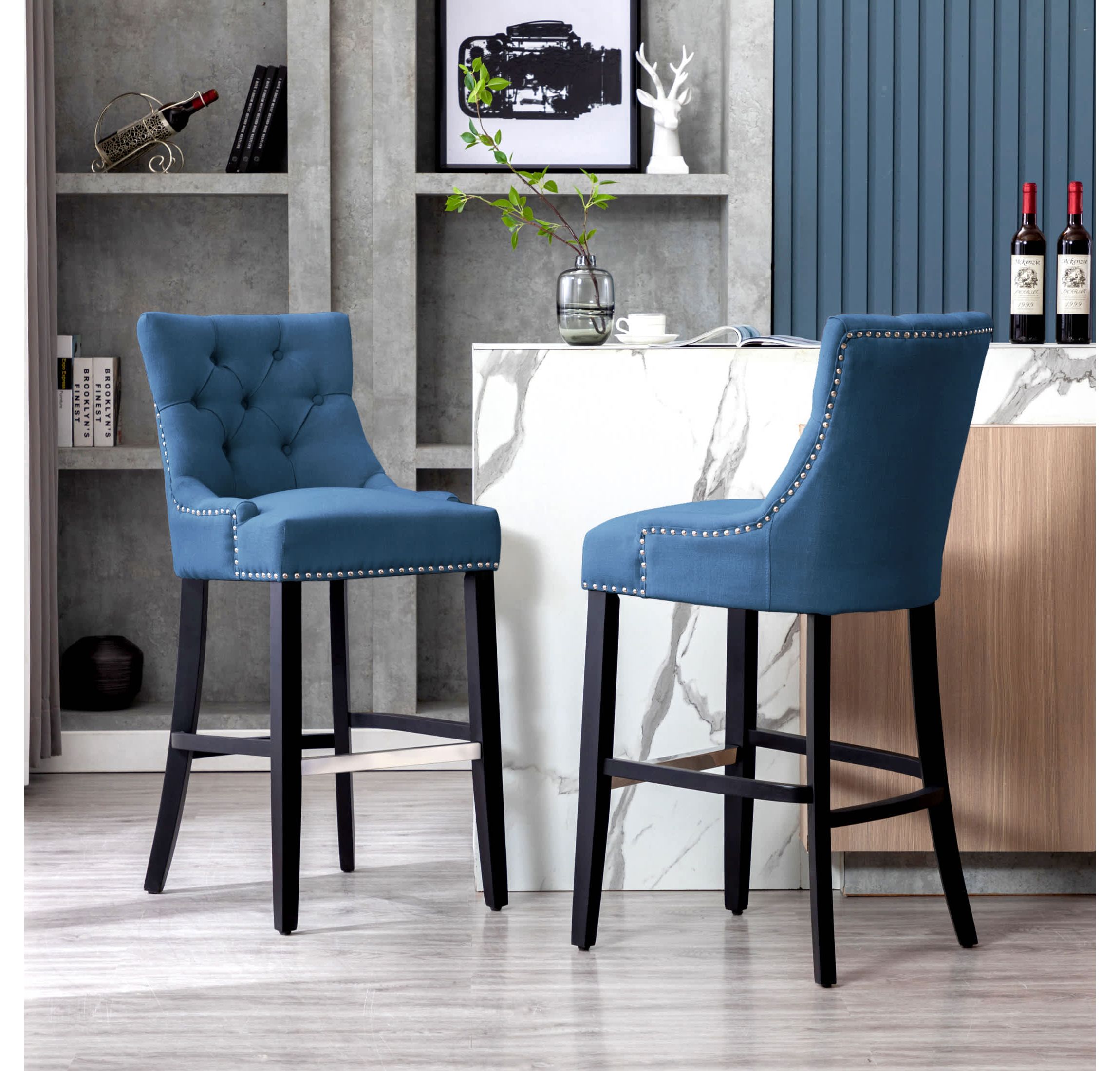 29" Linen Fabric Tufted Upholstered Black Bar Stool (Set of 2)