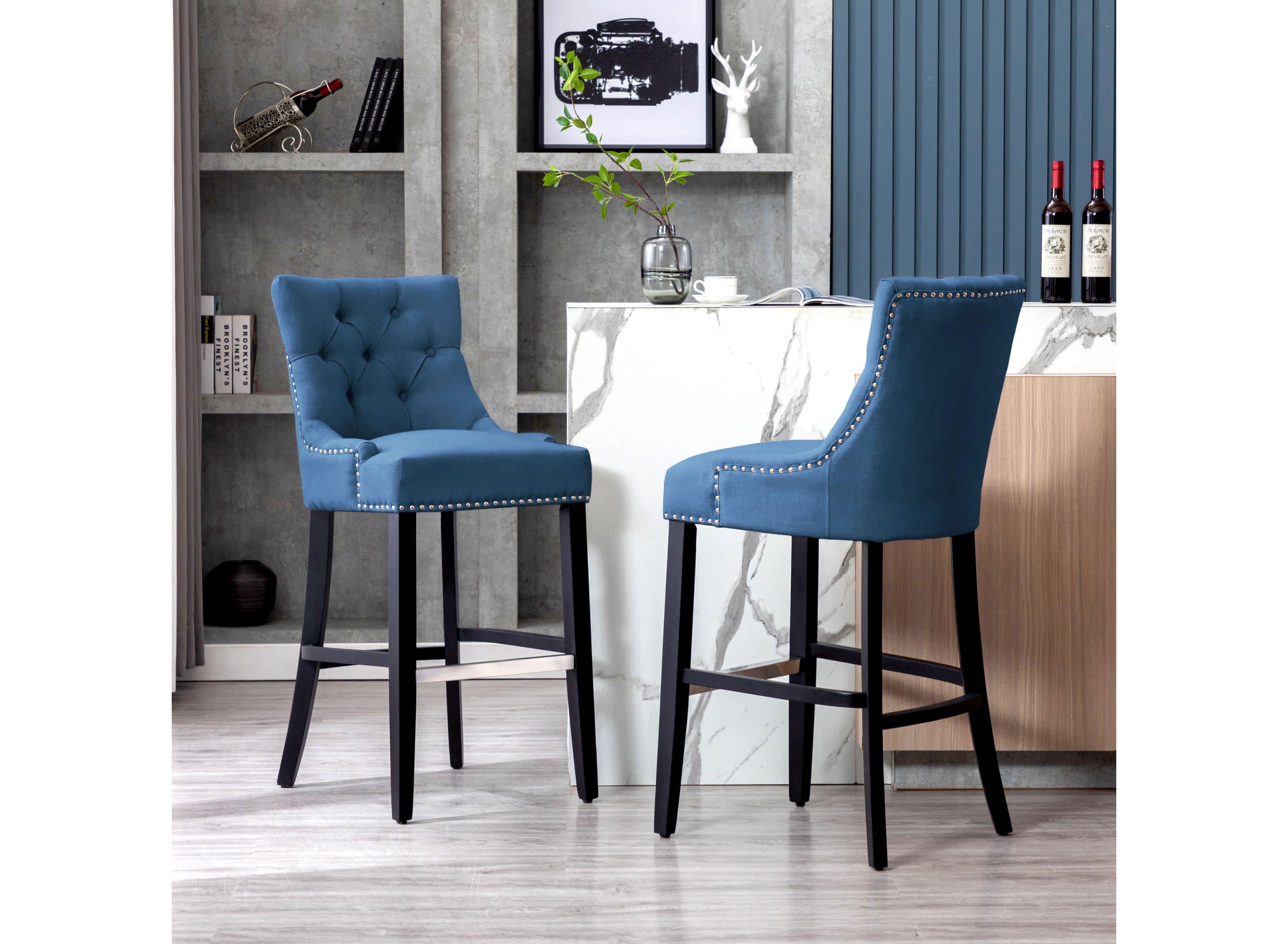 29" Linen Fabric Tufted Upholstered Black Bar Stool (Set of 2)
