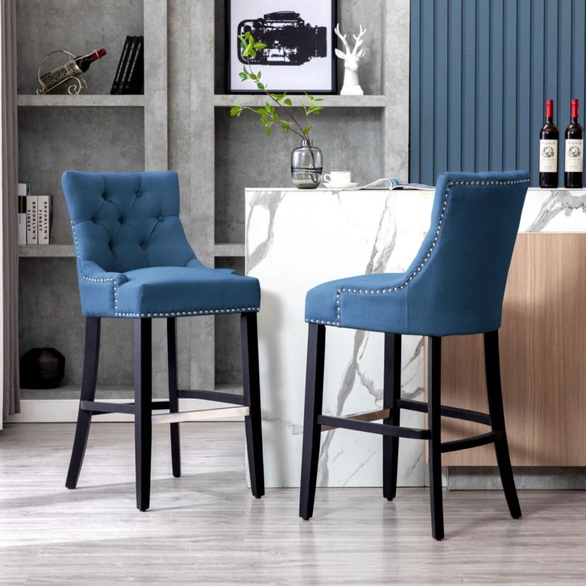 29" Linen Fabric Tufted Upholstered Black Bar Stool (Set of 2)