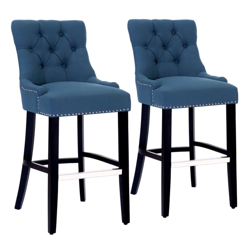 29" Linen Fabric Tufted Upholstered Black Bar Stool (Set of 2)