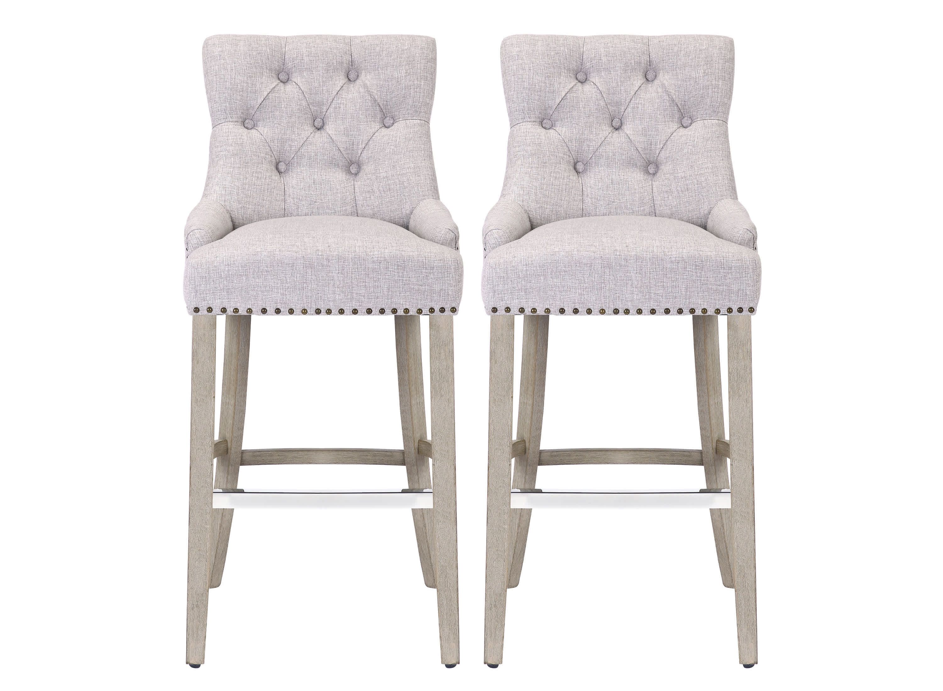 29" Linen Fabric Tufted Upholstered Antique Gray Bar Stool (Set of 2)