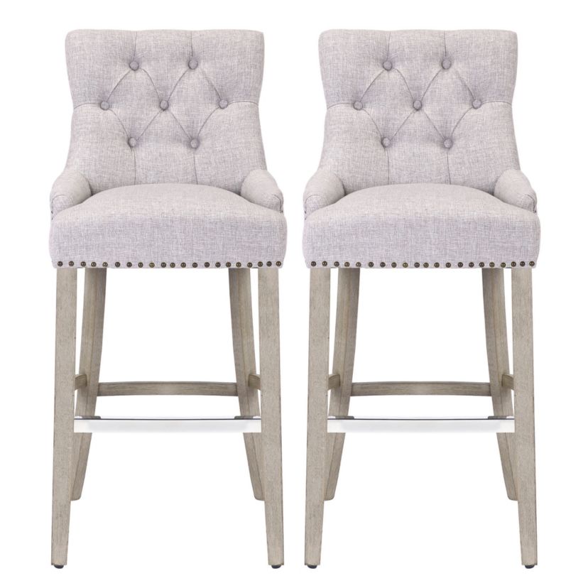 29" Linen Fabric Tufted Upholstered Antique Gray Bar Stool (Set of 2)