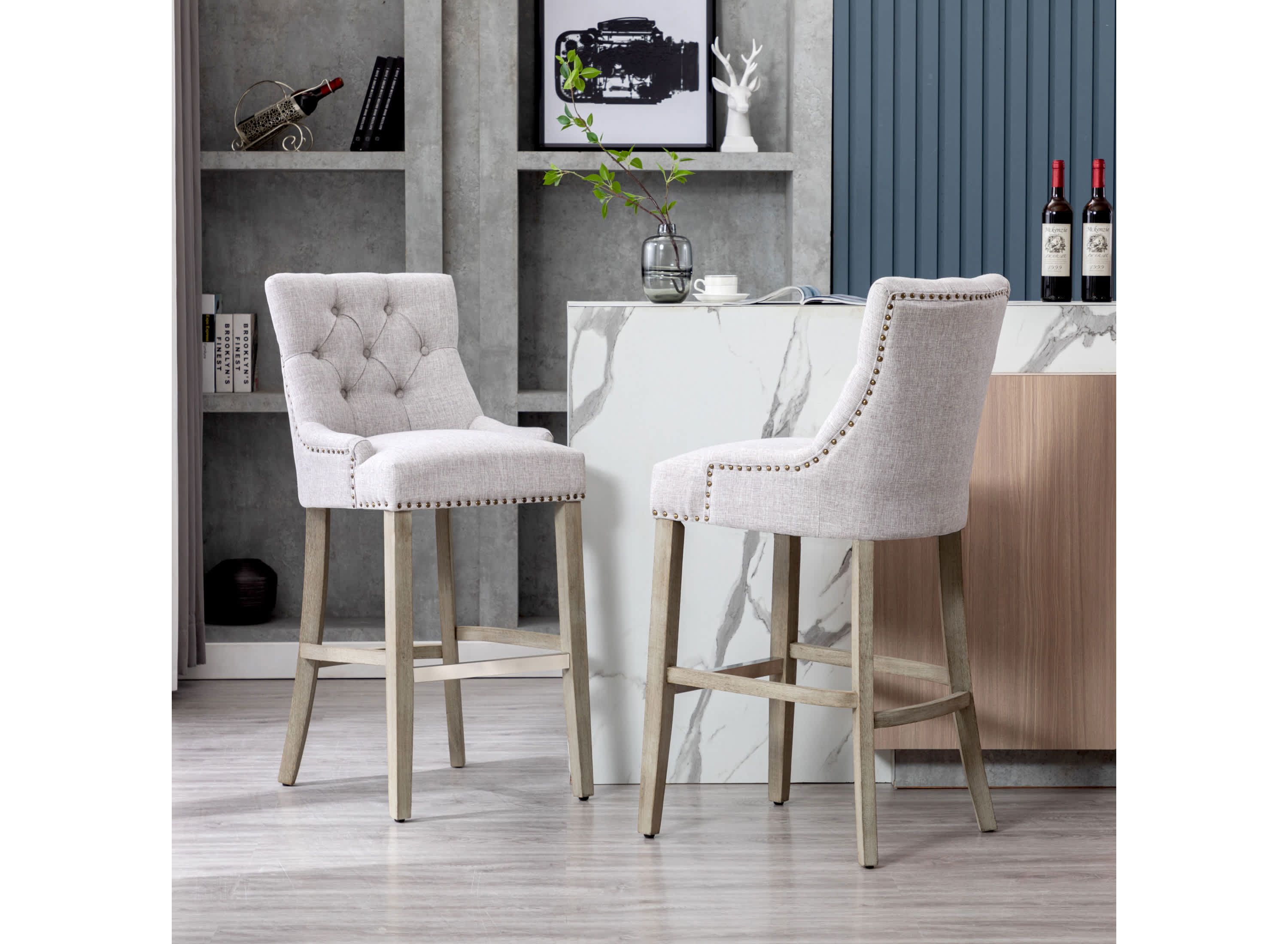 29" Linen Fabric Tufted Upholstered Antique Gray Bar Stool (Set of 2)