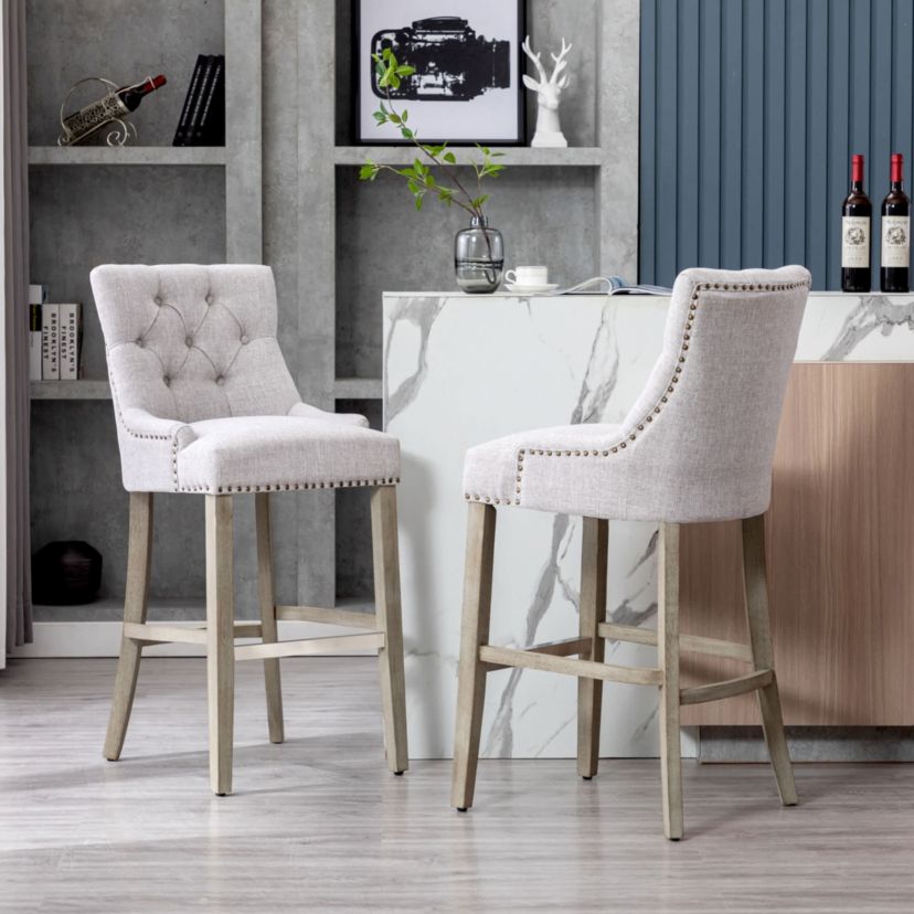 29" Linen Fabric Tufted Upholstered Antique Gray Bar Stool (Set of 2)