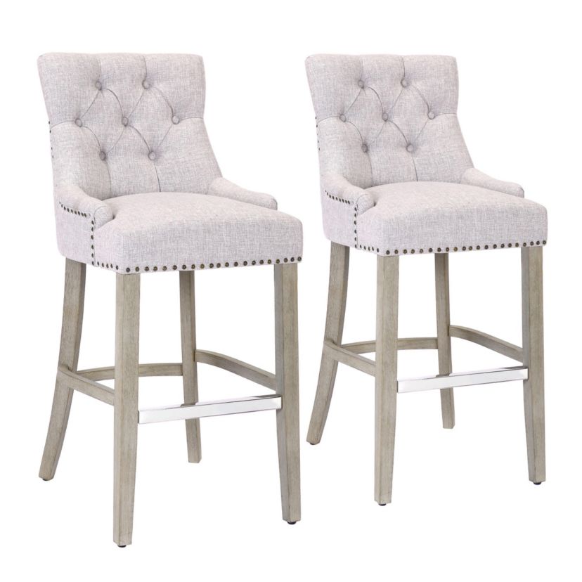 29" Linen Fabric Tufted Upholstered Antique Gray Bar Stool (Set of 2)
