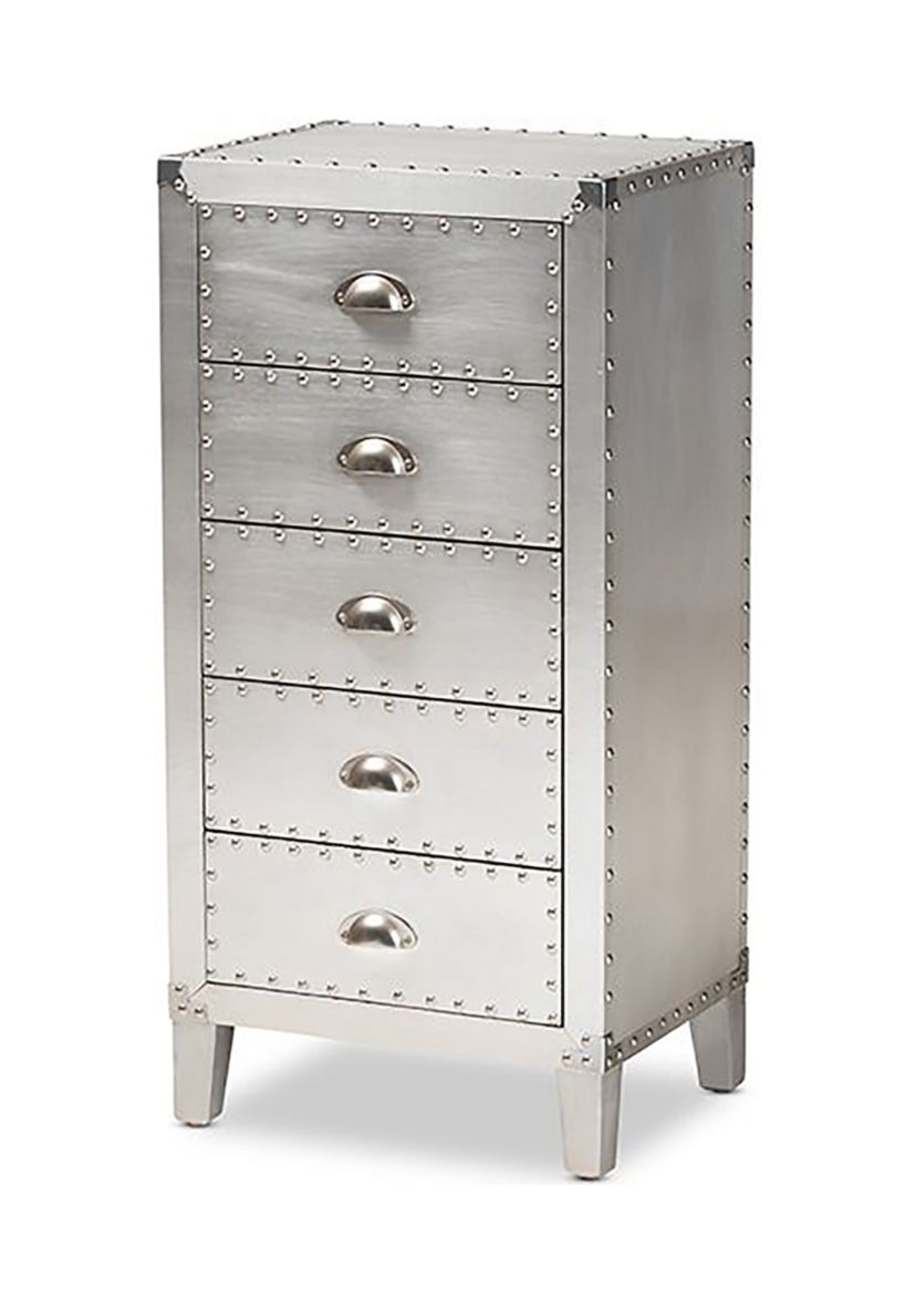 Carel French Industrial Silver Metal 5-Drawer Accent Storage Cabinet