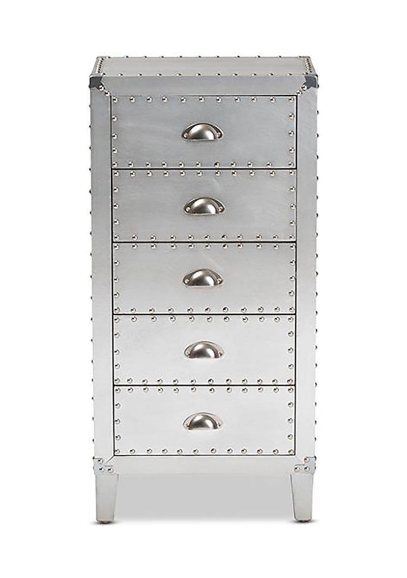 Carel French Industrial Silver Metal 5-Drawer Accent Storage Cabinet