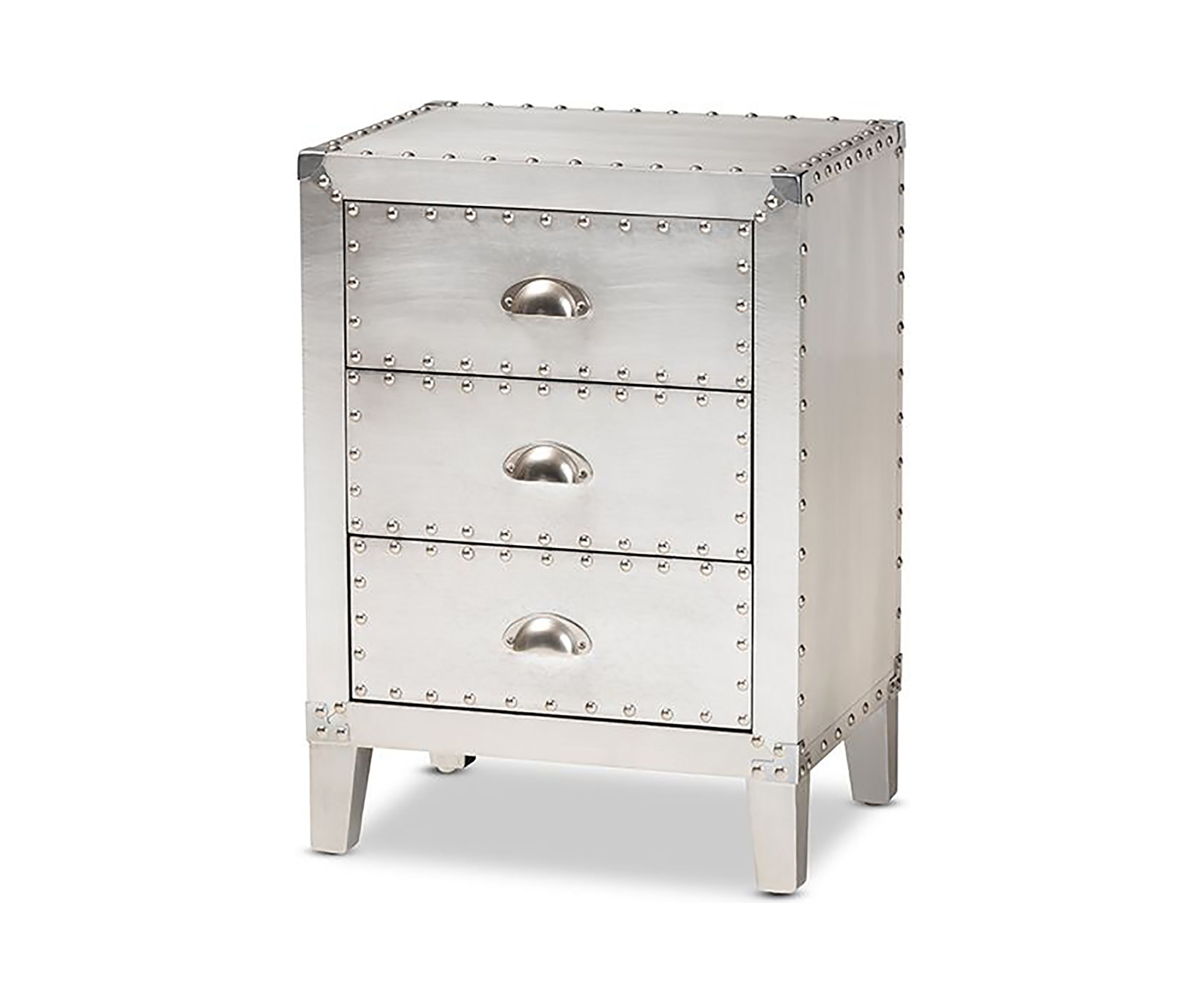 Claude French Industrial Silver Metal 3-Drawer Nightstand