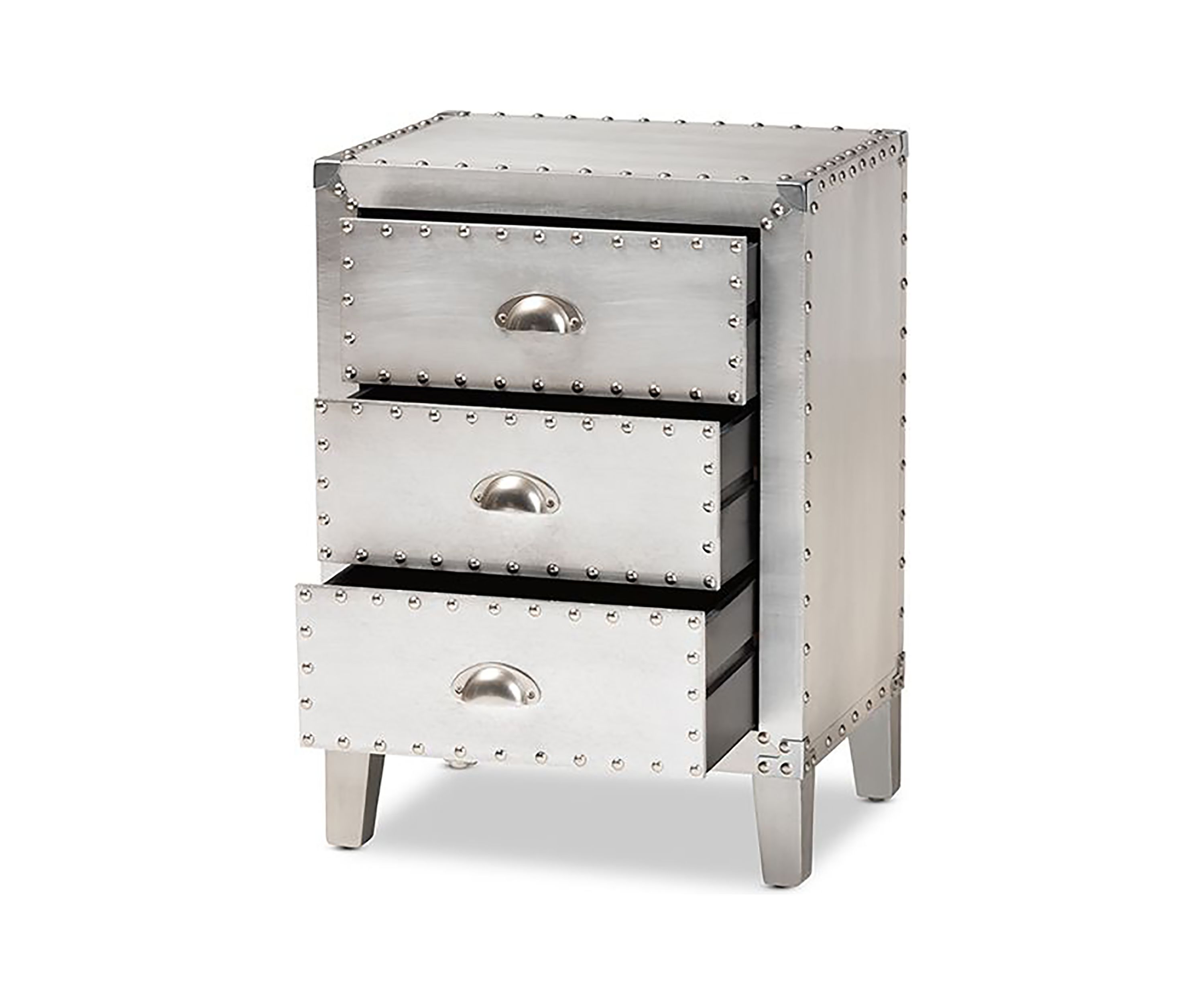 Claude French Industrial Silver Metal 3-Drawer Nightstand