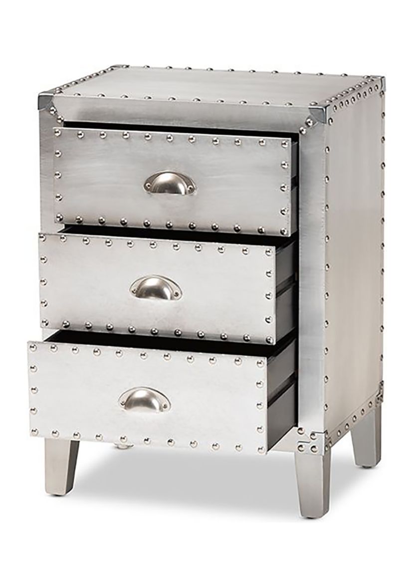 Claude French Industrial Silver Metal 3-Drawer Nightstand
