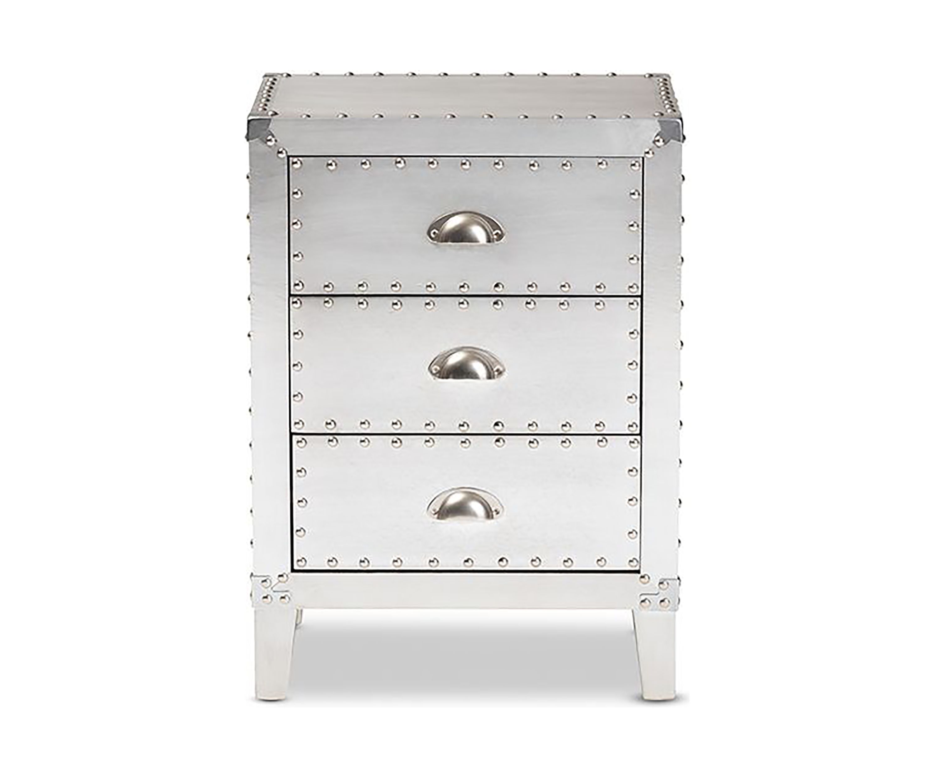 Claude French Industrial Silver Metal 3-Drawer Nightstand